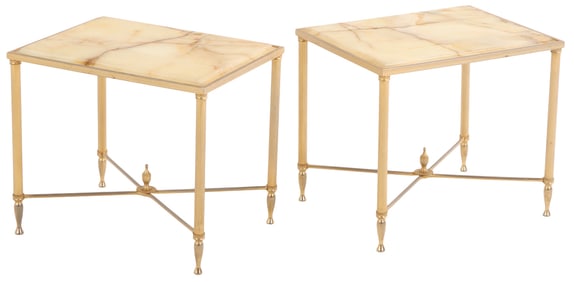 A PAIR OF FRENCH BRASS PLATED AND ONYX TOP END TABLES IN THE DIRECTOIRE STYLE CIRCA 1970