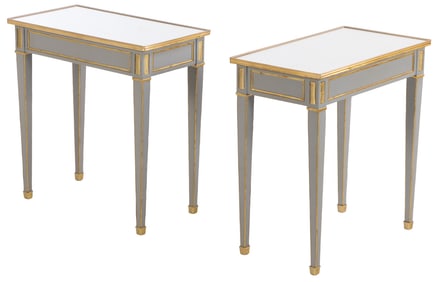 A PAIR OF LOUIS XVI STYLE PAINTED AND BRONZE MOUNTED TABLES HAVING MIRRORED TOPS.