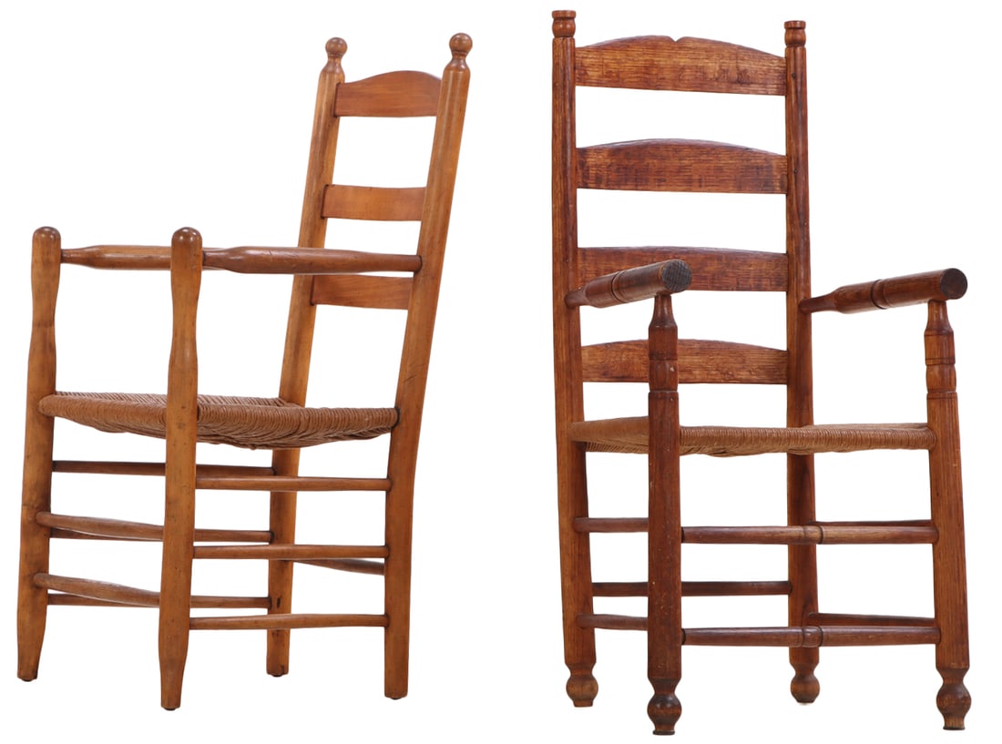 A LOT OF TWO SIMILAR NINETEENTH CENTURY OPEN ARMCHAIRS HAVING RUSH SEATS. (1 of 6)