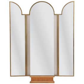 A BRASS BOUND AND PARQUETRY INLAID TRYPTIC DRESSING MIRROR C 1940.