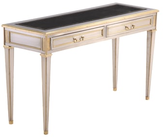 STAINLESS STEEL AND BRONZE LEATHER TOP CONSOLE TABLE WITH TWO DRAWERS IN THE MANNER OF JOHN VESEY