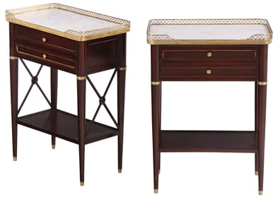 A PAIR OF FRENCH DIRECTOR STYLE MAHOGANY  BRONZE MOUNTED TWO DRAWER STANDS HAVING WHITE MARBLE TOPS