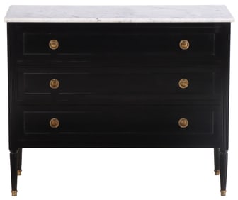 AN EBONIZED MAHOGANY LOUIS XVI STYLE MARBLE TOP THREE DRAWER DRESSER CIRCA 1940.
