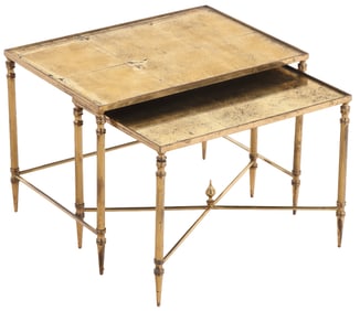 A SET OF FRENCH BRASS NESTING TABLES HAVING GOLD GILT GLASS TOPS IN THE MANNER OF JANSEN CIRCA