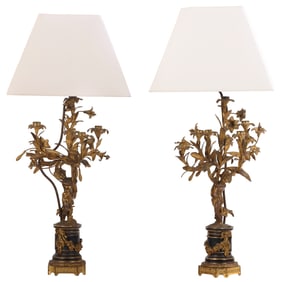 A PAIR OF FRENCH LATE 19TH CENTURY LOUIS XVI PATINATED BRONZE CANDELABRA LAMPS.