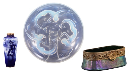 THREE DECORATIVE OBJECTS INCLUDING BRASS AND IRIDESCENT GLASS JARDIENIERE, OPALESCENT MERMAID