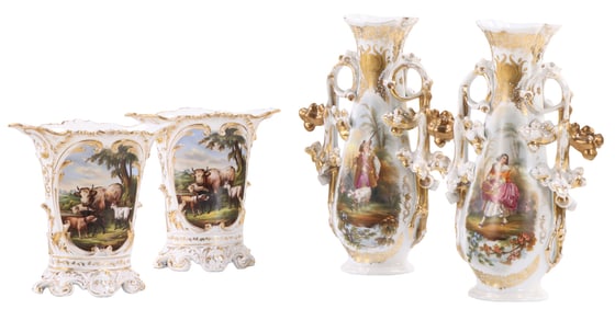 TWO PAIRS OF OLD PARIS PORCELAIN VASES DEPICTING COUNTRY LIFE C. 1900