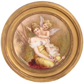 AN ANTIQUE VIENNA PORCELAIN PLAQUE PAINTED WITH VENUS AND CUPID IN A VERDANT LANDSCAPE, SIGNED