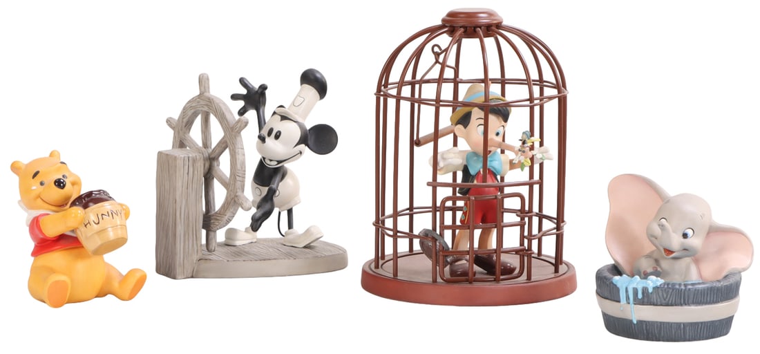 LARGE COLLECTION OF WALT DISNEY CLASSICS FIGURINES INCLUDING 23 DISNEY CHARACTERS AND A WARNER BROS.: Large collection of Walt Disney Classics figurines including 23 Disney characters and a Warner Bros. Collectors club figure of Bugs Bunny C 1990. Including Steamboat Willie, Winnie the Pooh, Pinocchio