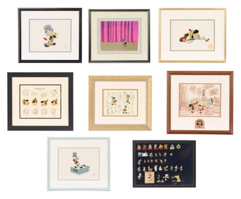 COLLECTION OF WALT DISNEY PINS & CELS, INCLUDING 1970S JIMINY CRICKET PRODUCTION CEL, 3 SERICELS