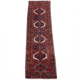 A SEMI- ANTIQUE PERSIAN KARAJEH LONG RUNNER RUG 3'5"X13'4"