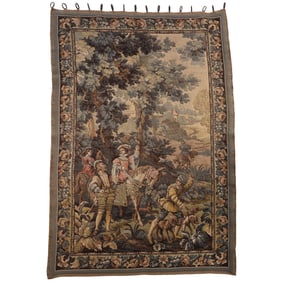 A VINTAGE FRENCH TAPESTRY DEPICTING A EUROPEAN HUNTING SCENE.