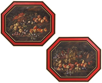A PAIR OF LARGE ANTIQUE OIL ON CANVAS STILL LIFE PAINTINGS OF FRUIT HOUSED IN HANDSOME FRAMES.