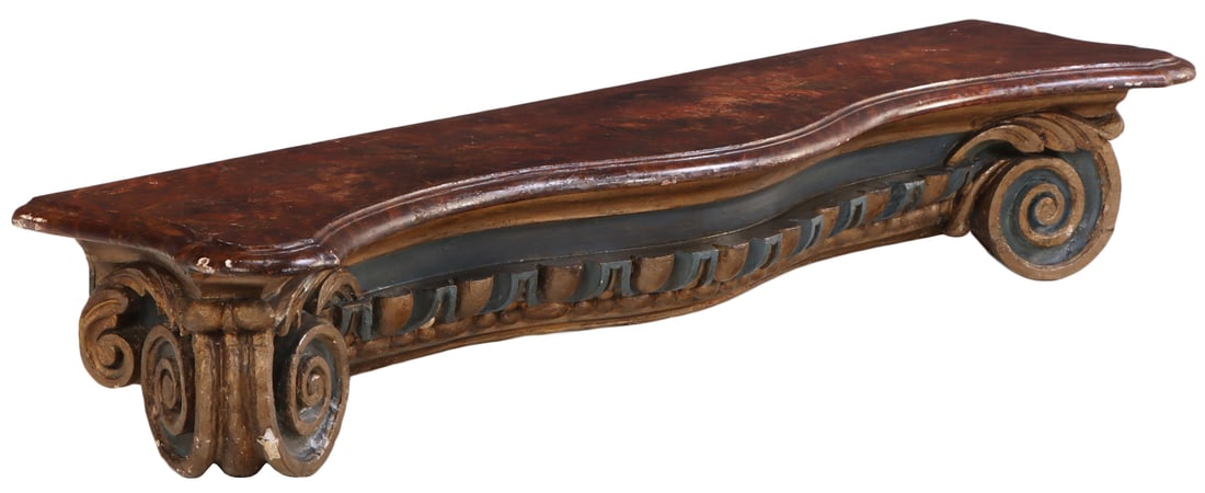 A 62" CARVED AND PAINTED WOOD WALL HUNG CONSOLE TABLE IN THE FORM OF AN IONIC CAPITAL C 1940. (1 of 4)