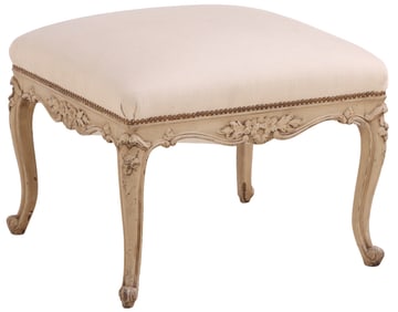 A FRENCH PAINTED AND CARVED WOOD UPHOLSTERED STOOL IN THE LOUIS XV STYLE CIRCA 1900 HAVING RECENT