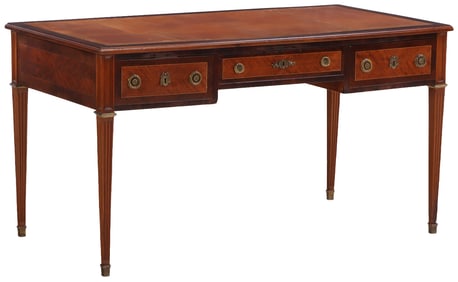 A LOUIS XIV STYLE BRONZE MOUNTED LEATHER TOP WRITING DESK HAVING THREE DRAWERS AND PARQUETRY