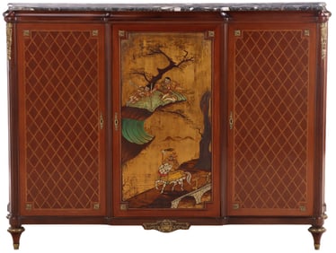 A REGENCY STYLE THREE DOOR CABINET HAVING SHINOZI DECORATED CENTRAL DOOR, BRONZE MOUNTS THROUGHOUT