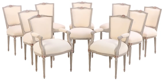 TEN GREY PAINTED LOUIS XVI STYLE FRENCH DINING ROOM CHAIRS HAVING NEW UPHOLSTERY CIRCA 1940. THE