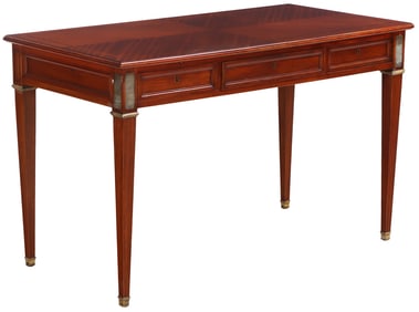 A CABINET MADE LOUIS XIV STYLE MAHOGANY AND BRONZE MOUNTED THREE DRAWER WRITING DESK CIRCA 1940.