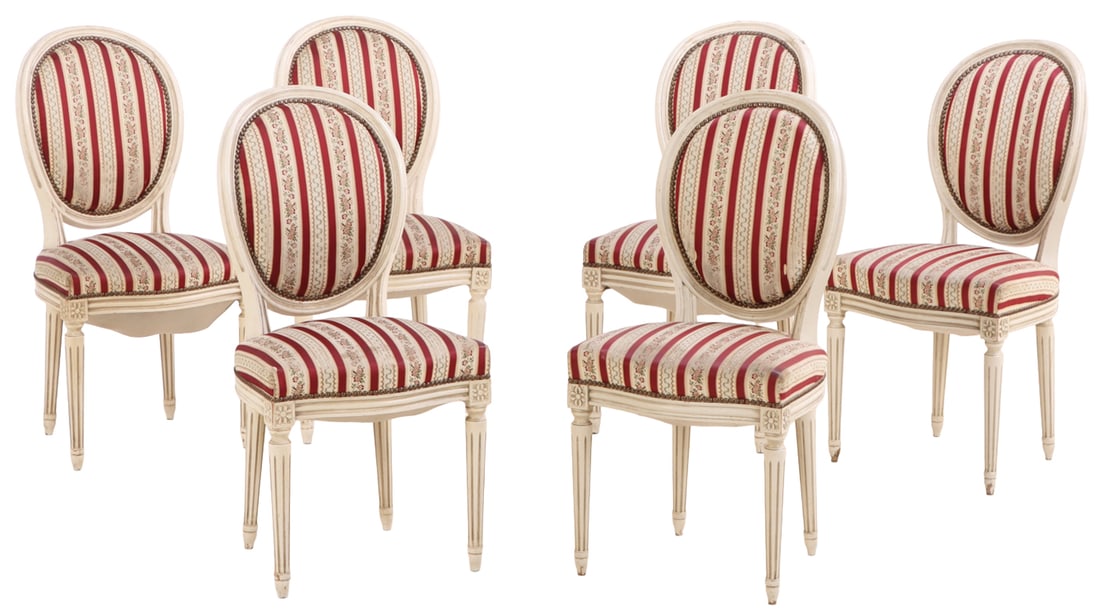SIX PAINTED LOUIS XVI STYLE DINING ROOM CHAIRS HAVING OVAL BACKS CIRCA 1950 (1 of 7)
