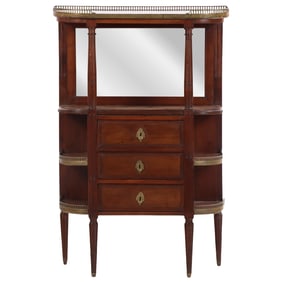 A FRENCH DIRECTOIRE STYLE MAHOGANY MARBLE TOP THREE DRAWER CABINET HAVING BRONZE DETAILS CIRCA 1900.