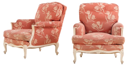 A PAIR OF PAINTED FRENCH LOUIS XV STYLE UPHOLSTERED CLUB CHAIRS CIRCA 1920