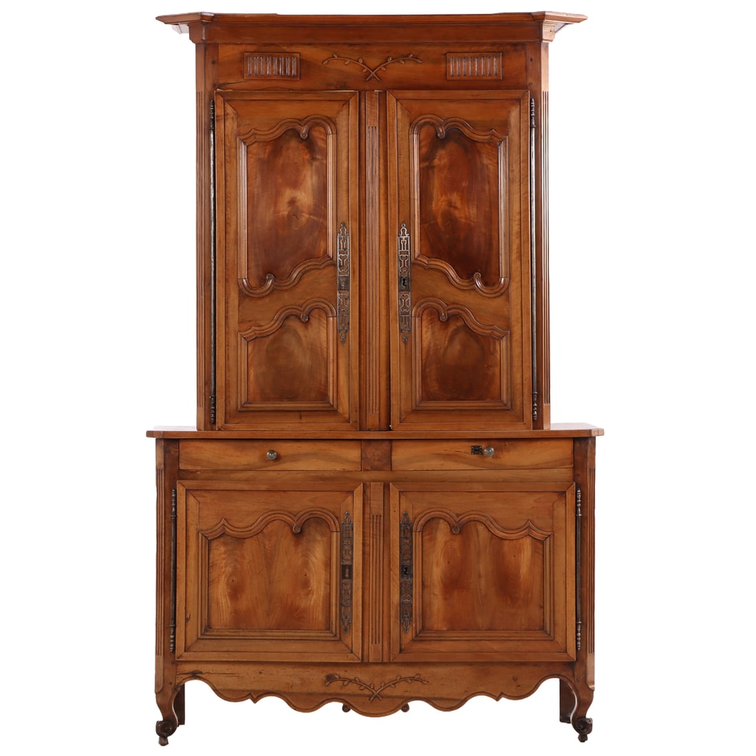 A FRENCH WALNUT BUFFET DEUX CORPS CIRCA 1810 HAVING TWO BLIND DOORS OVER TWO DRAWERS OVER TWO: A French walnut buffet deux corps circa 1810 having two blind doors over two drawers over two blind doors. Ht: 93.75" Wd: 58.5" Dpth: 24"