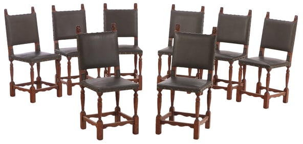 A SET OF EIGHT OAK FRENCH DINING CHAIRS HAVING TURNED LEGS AND BOX STRETCHER BASE CIRCA 1890.