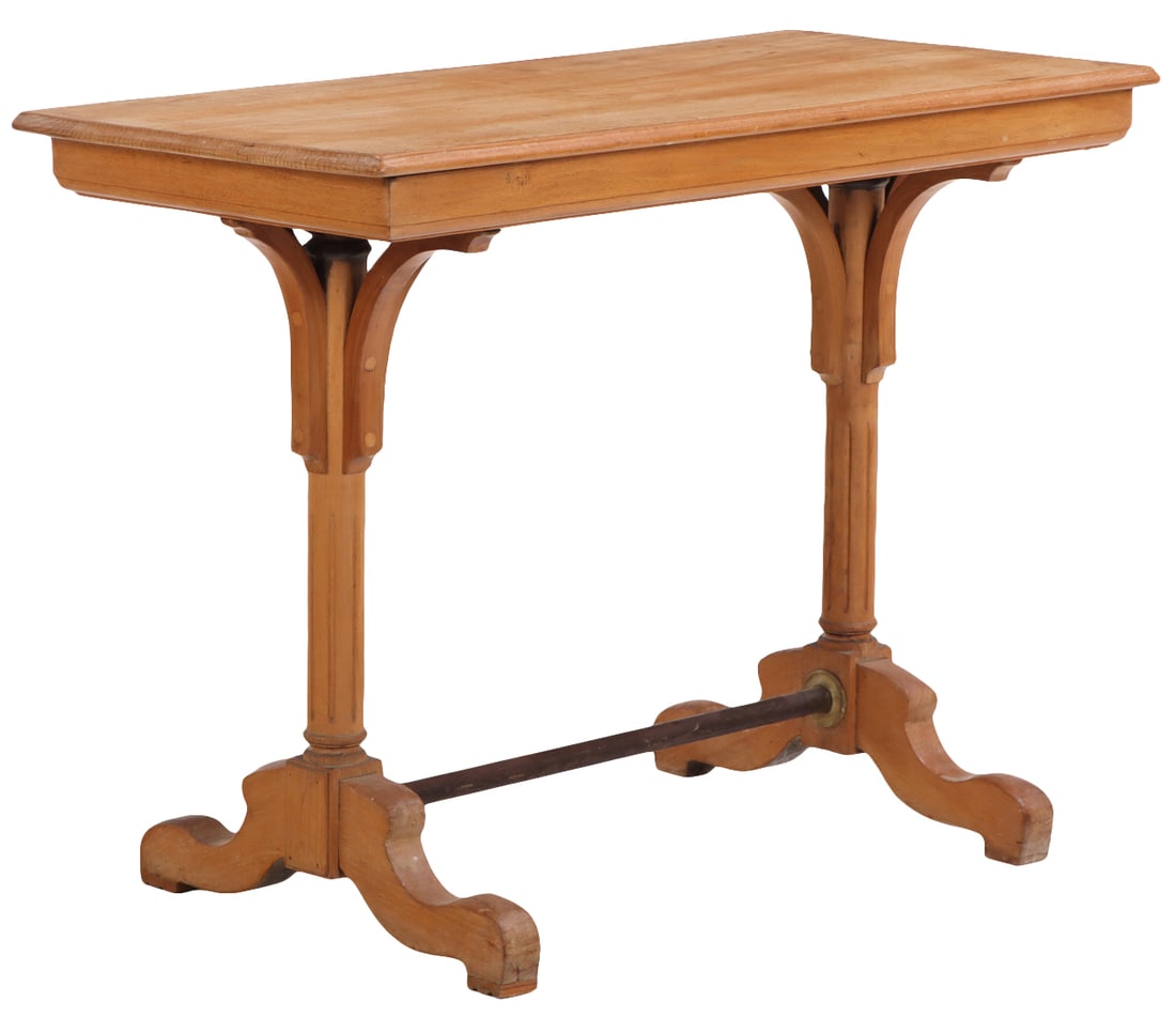 A FRENCH BEECHWOOD BISTRO TABLE HAVING A BRASS STRETCHER CIRCA 1880. (1 of 5)