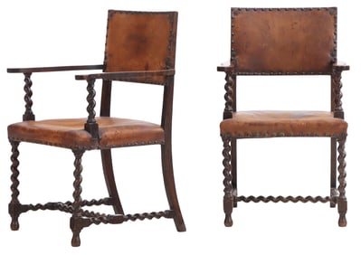 A PAIR OF CONTINENTAL OPEN ARMCHAIRS HAVING TWISTED ELEMENTS WITH A LEATHER BACK AND SEAT