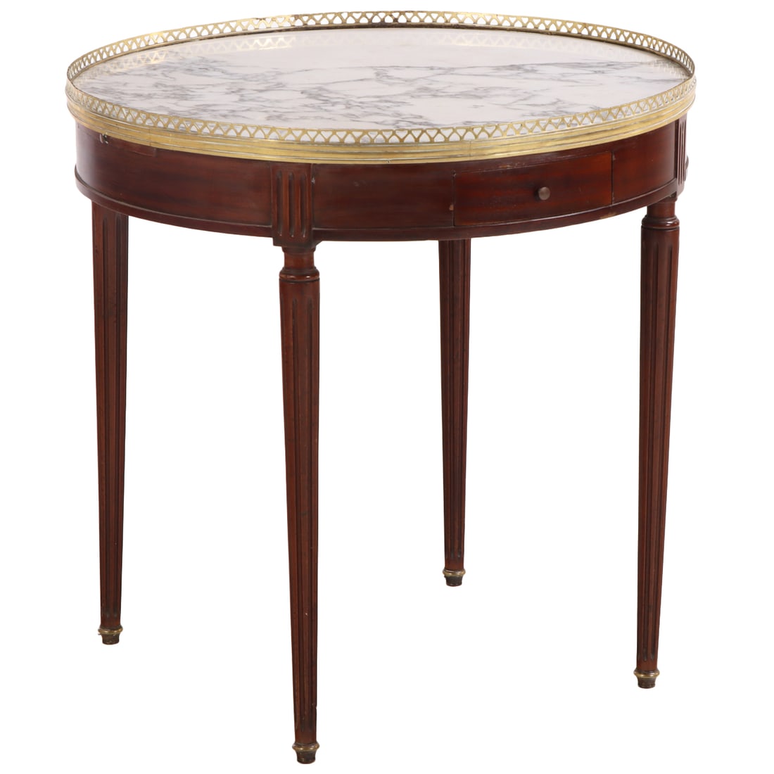 A FRENCH LOUIS XVI STYLE BOUILLOT TABLE HAVING TWO DRAWERS, TWO PULL OUT SLIDES AND A BRASS BOUND (1 of 5)