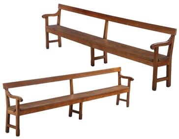 LARGE PAIR OF EARLY NINETEENTH CENTURY FRENCH OAK OPEN ARM BENCHES. EN SUITE WITH THE FOLLOWING LOT.