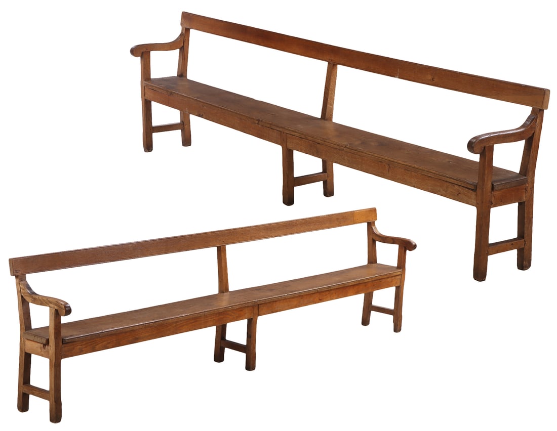 LARGE PAIR OF EARLY NINETEENTH CENTURY FRENCH OAK OPEN ARM BENCHES. EN SUITE WITH THE FOLLOWING LOT.: Large pair of early nineteenth century French oak open arm benches. En suite with the following lot. Ht: 31" Wd: 117" Dpth: 16" Seat: 17"
