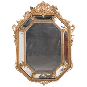 FRENCH GILTWOOD AND GESSO CUSHION MIRROR HAVING CENTRAL PLATE GLASS SURROUNDED BY BEVEL GLASS