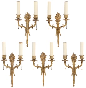 FIVE FRENCH BRONZE LOUIS XV STYLE TWO ARM WALL SCONCES C 1940.