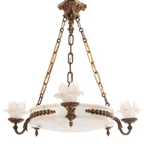 A FRENCH EMPIRE STYLE BRONZE AND ONYX 3 ARM CHANDELIER CIRCA 1920.