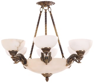 A REGENCY STYLE BRASS AND ALABASTER SIX ARM CHANDELIER HAVING SWAN DECORATION.