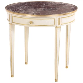 A LOUIS XVI STYLE PAINTED AND BRONZE MOUNTED MARBLE TOP GUERIDON HAVING A SINGLE DRAWER.