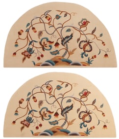 TWO ARCHED CREWEL WORK WALL HANGINGS.