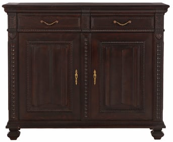 A FRENCH OAK TWO DOOR SERVER HAVING LINEN FOLD CARVED DOORS CIRCA 1890