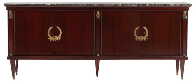 A FRENCH EMPIRE STYLE MAHOGANY BRONZE MOUNTED MARBLE TOP SIDEBOARD HAVING FOUR DOORS AND BRONZE