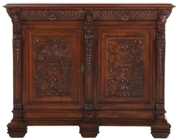 A LATE 19TH CENTURY FRENCH CARVED OAK SERVER HAVING TWO DRAWERS OVER TWO RELIEF CARVED DOORS