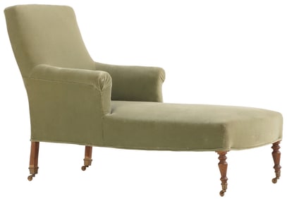 A CONTINENTAL 19TH CENTURY UPHOLSTERED CHAISE LOUNGE RESTING ON TURNED LEGS WITH CASTORS.