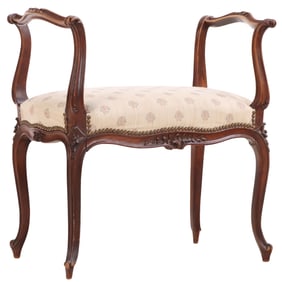 A SMALL FRENCH CARVED WALNUT OPEN ARM BENCH CIRCA 1900.