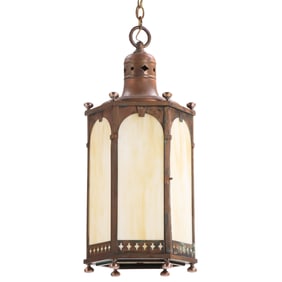 A SIX SIDED BRASS AND SLAG GLASS LANTERN C 1940.