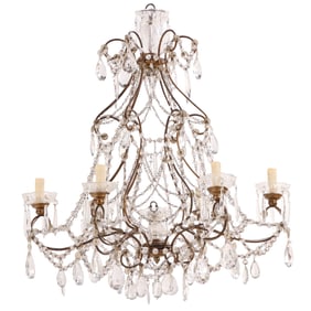 FRENCH SIX ARM GILT IRON AND GLASS BEADED CHANDELIER C 1950