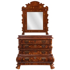 A DUTCH ROCOCO FOUR DRAWER BOMBE COMMODE AND MIRROR SET HAVING ELABORATE FLORAL MARQUETRY.