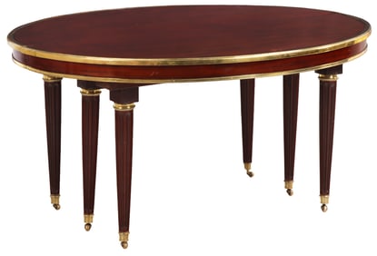 A 19TH CENTURY MAHOGANY BRONZE MOUNTED DINING ROOM TABLE THAT EXTENDS TO 188". TABLE HAS FOUR LEAVES