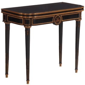 A QUALITY EBONIZED AND BRONZE MOUNTED FLIP TOP GAMES TABLE CIRCA 1860 OPENING TO A GREEN FELT