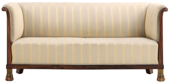 EDWARDIAN ROSEWOOD SOFA RESTING ON CLAW FEET C 1900.